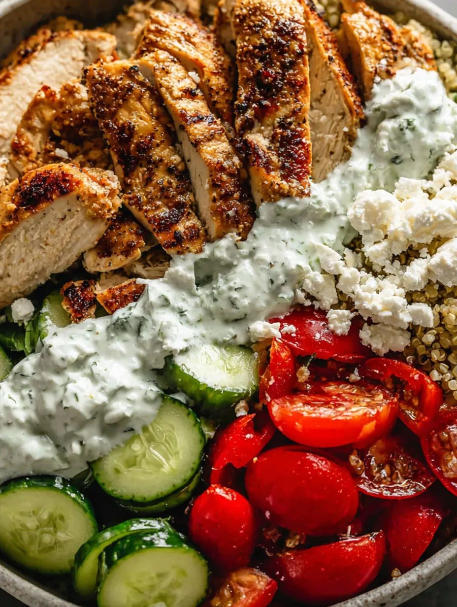A Greek Chicken Quinoa Gyro Bowl with a variety of vegetables.