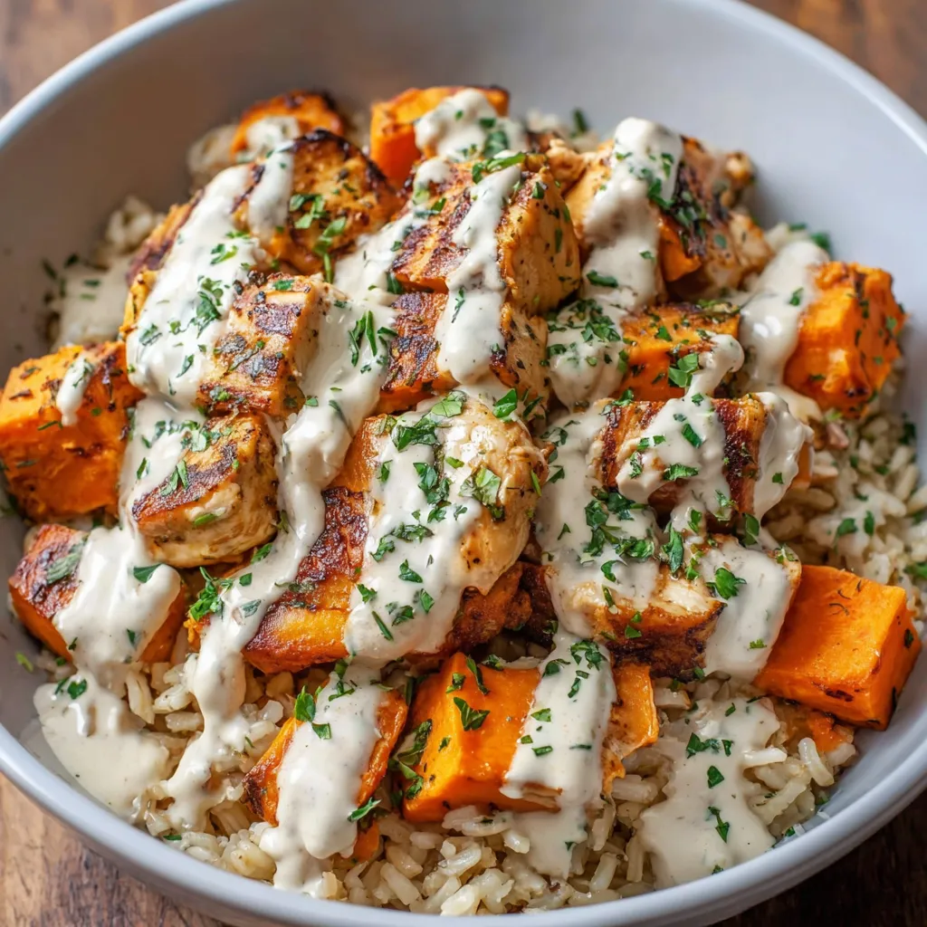 A bowl of rice and chicken with sweet potatoes.