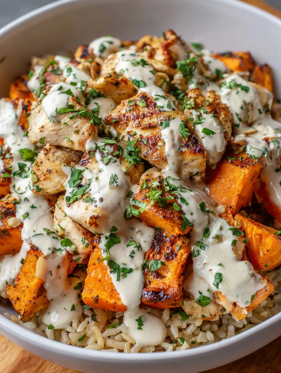 A bowl of rice with chicken and sweet potatoes.