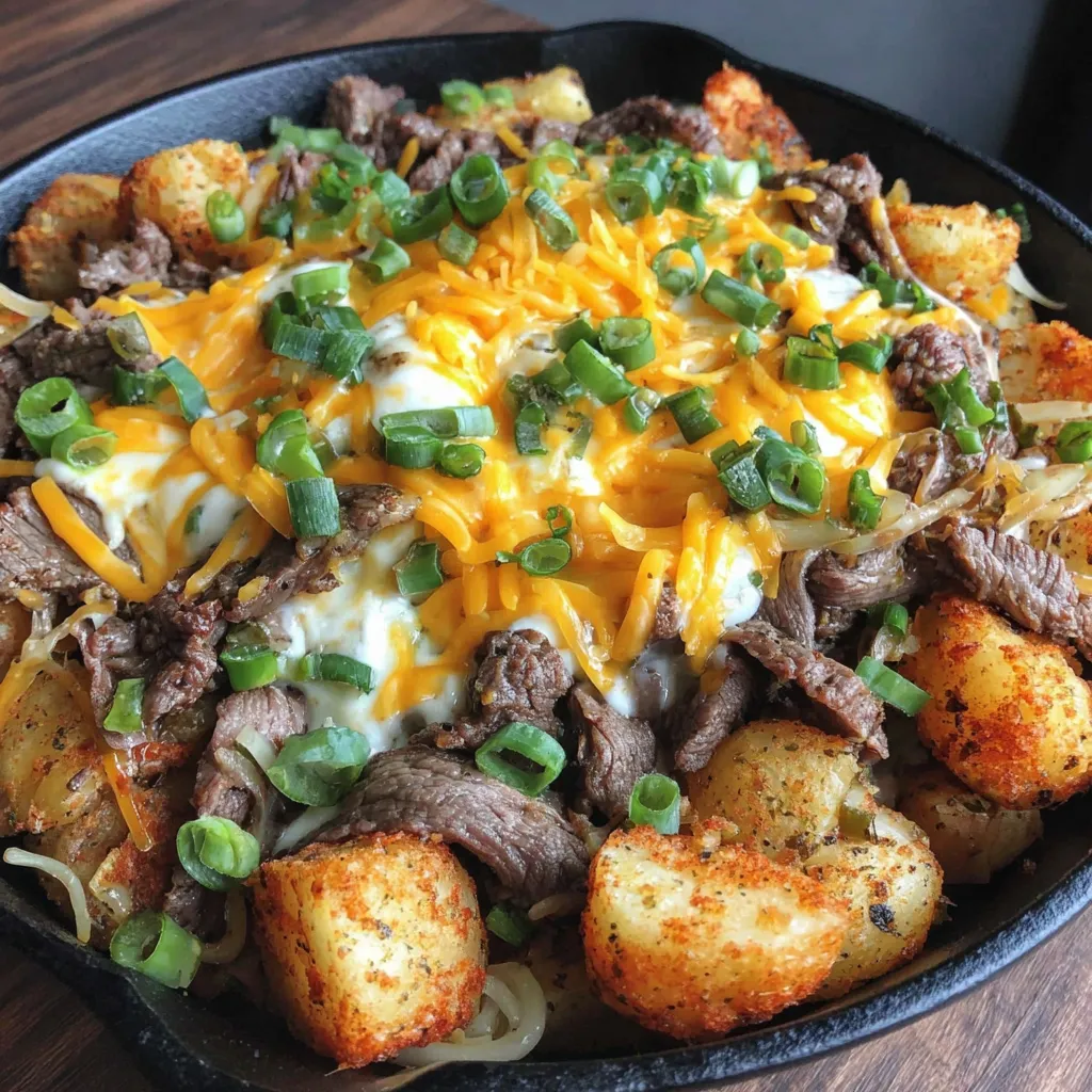 A delicious cheesesteak potato skillet meal.
