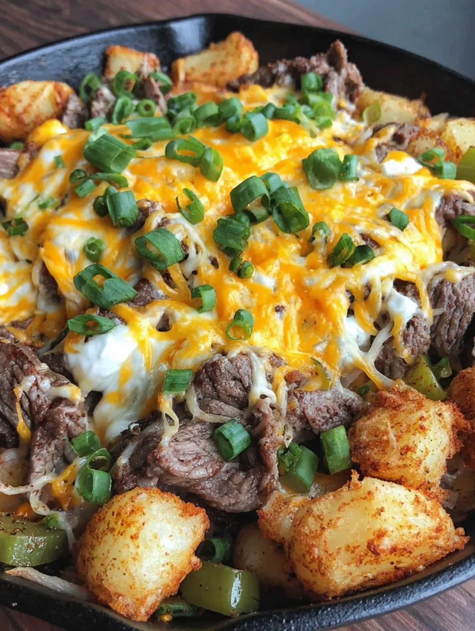 A delicious cheesesteak potato skillet meal.