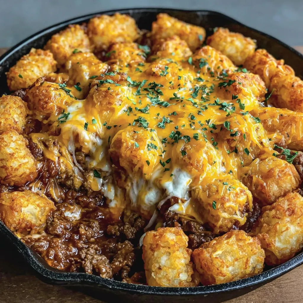 A close up of a sloppy joe tater tot casserole.