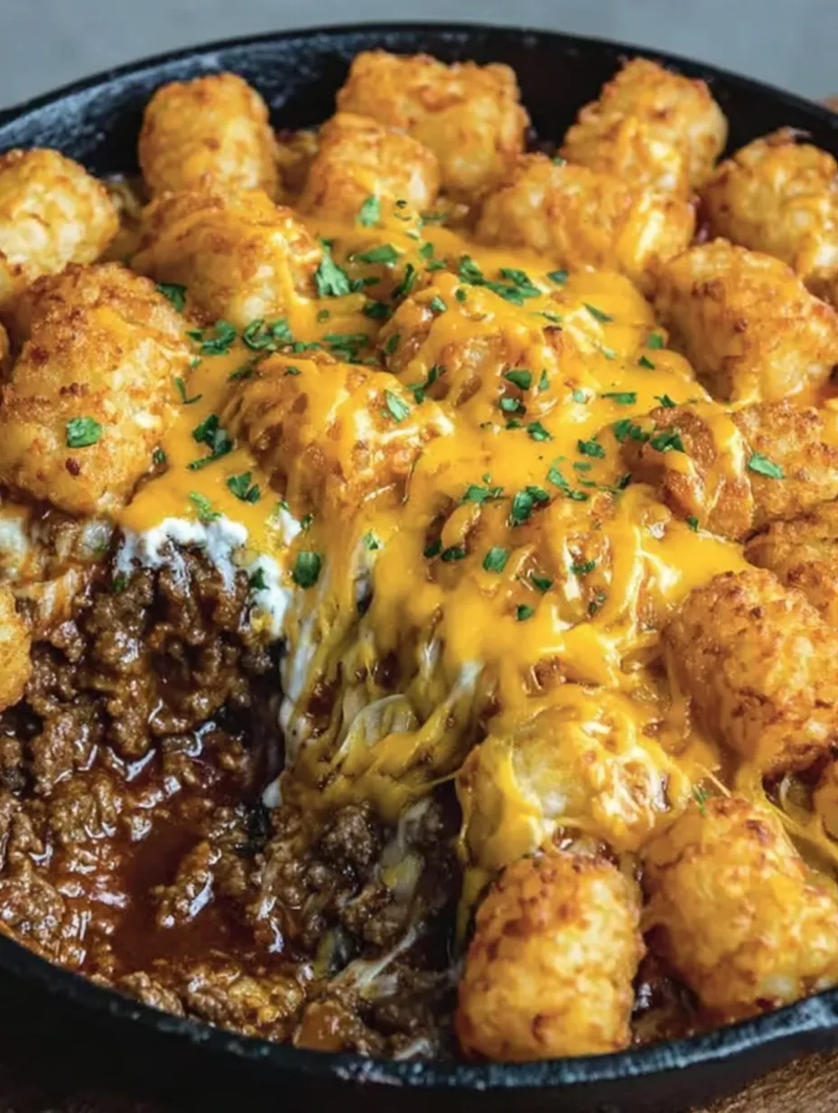 A close up of a sloppy joe tater tot casserole.