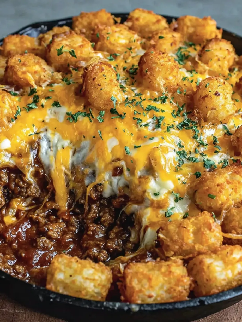 A sloppy joe tater tot casserole with cheese and tater tots.