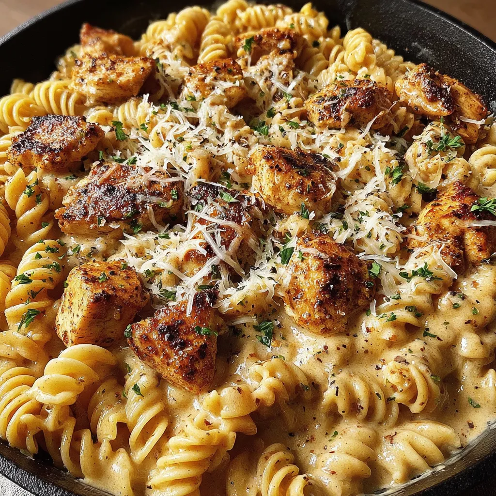 A skillet of cheesy cajun garlic rotini.