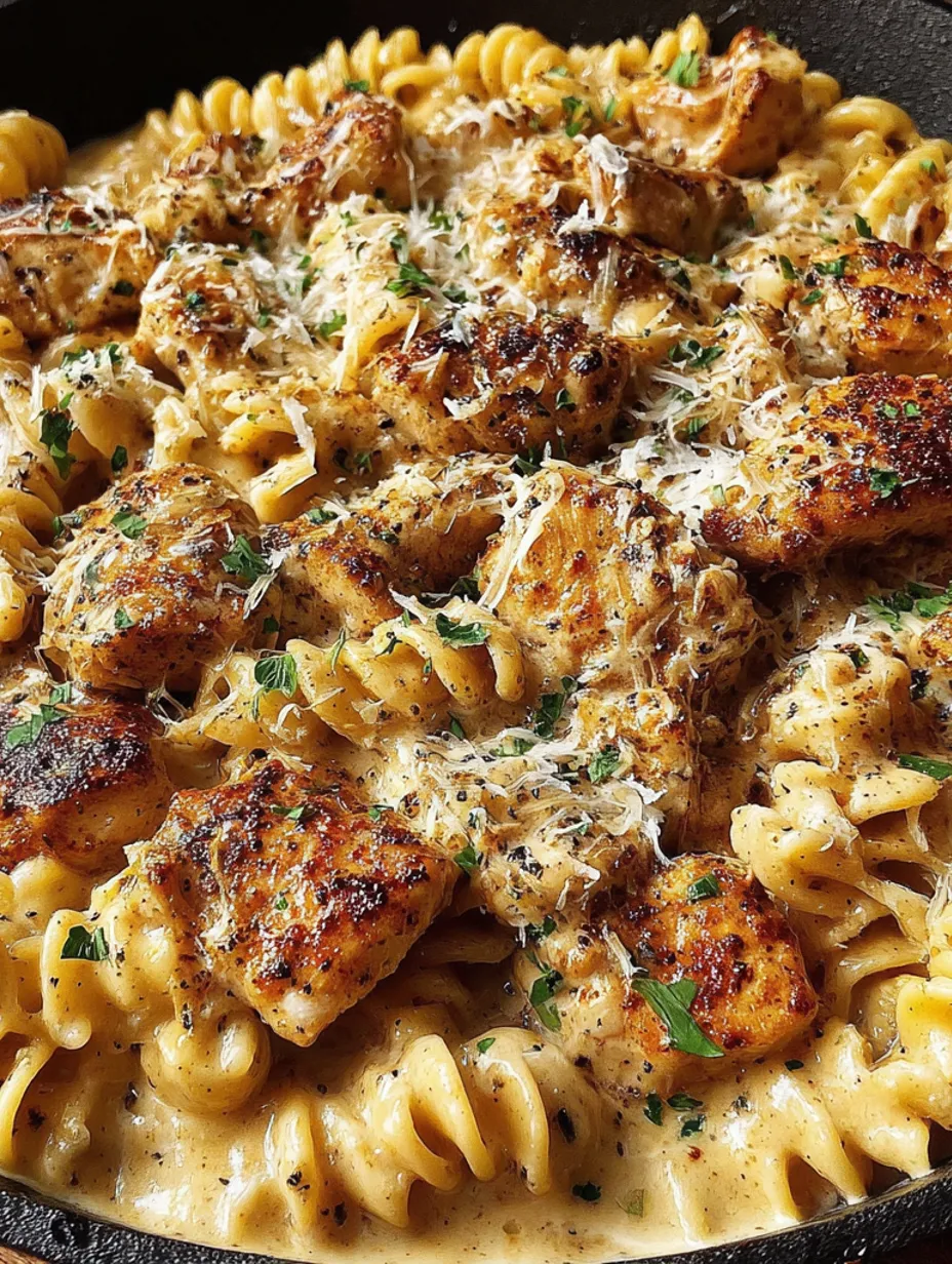 A delicious meal of chicken and pasta.