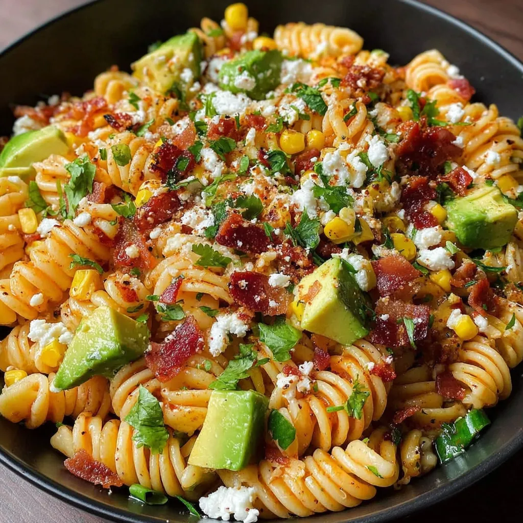 A bowl of Mexican street corn pasta salad.