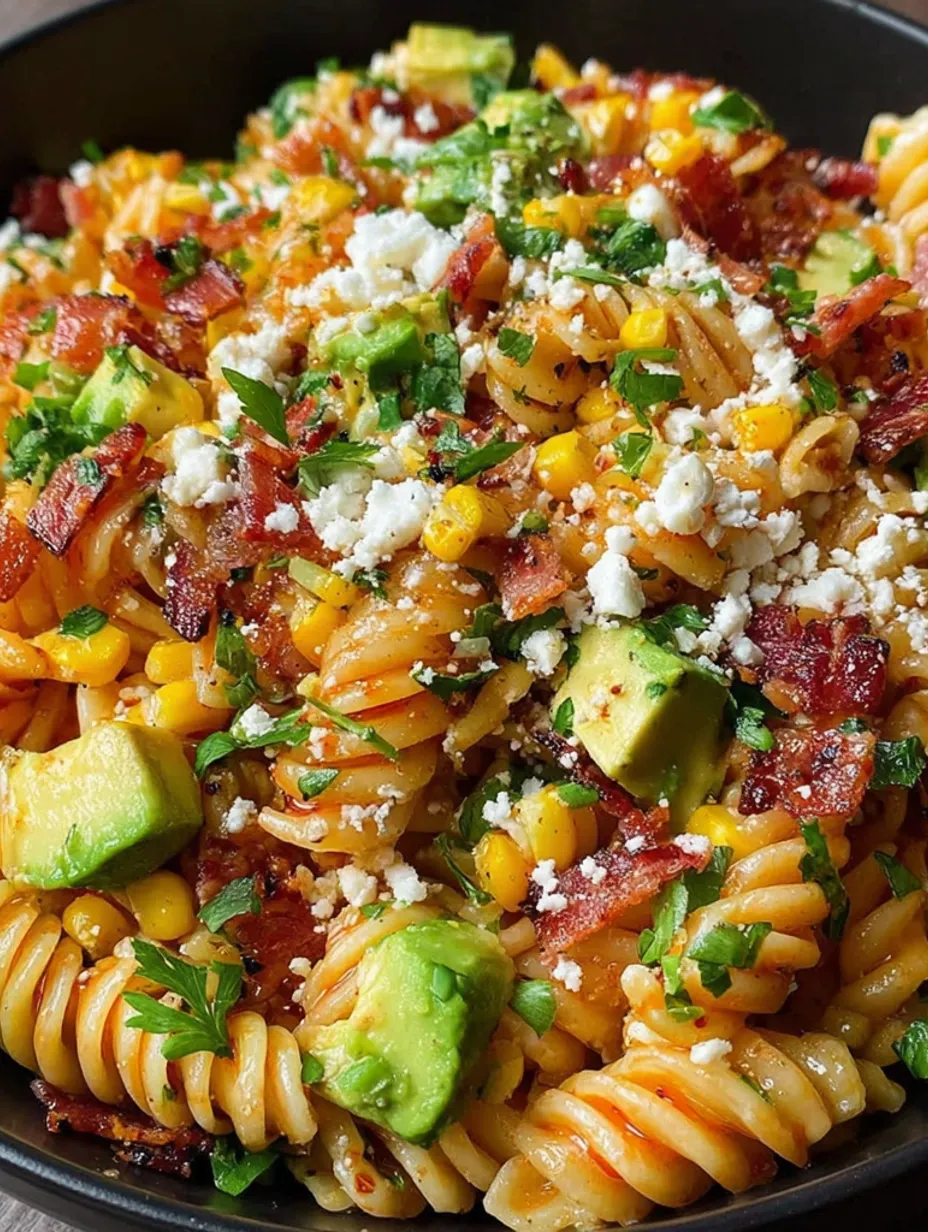 A dish of Mexican street corn pasta salad.
