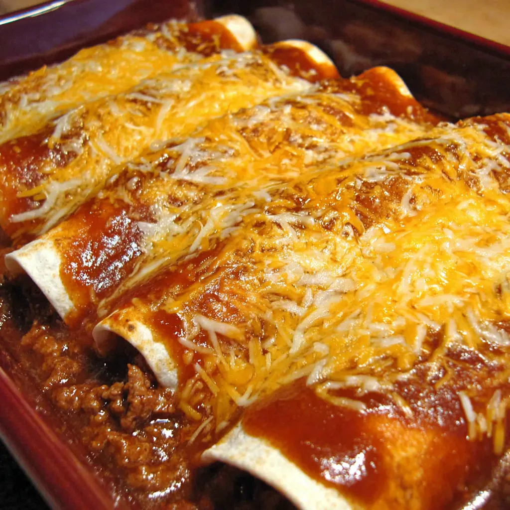 A dish of beef and bean enchiladas.