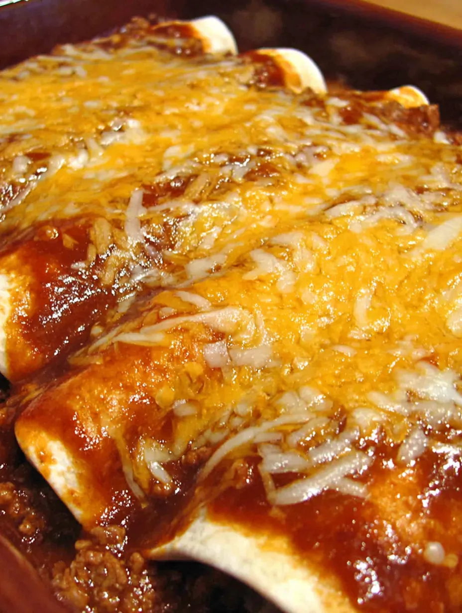 A close up of a delicious beef and bean enchilada.