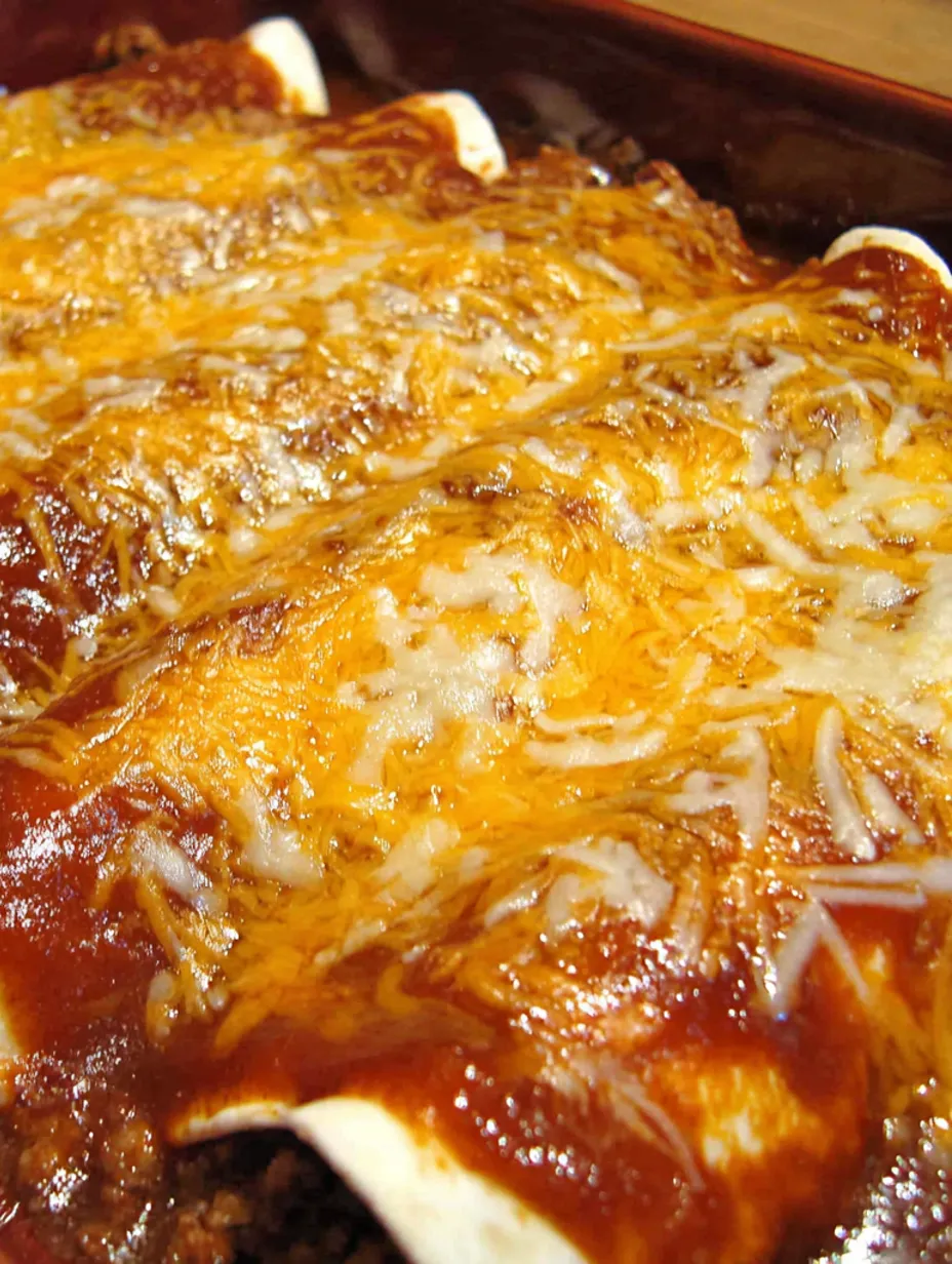 A close up of a delicious beef and bean enchilada.