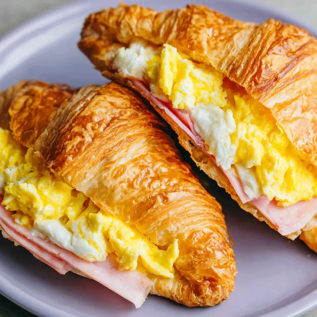 Two croissants with ham, egg and cheese.