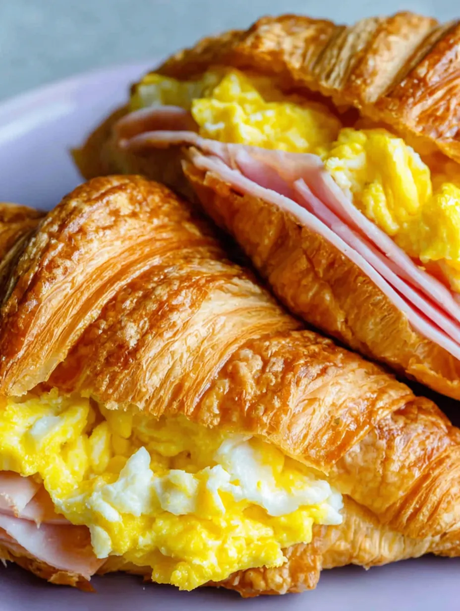 A croissant sandwich with ham, egg, and cheese.