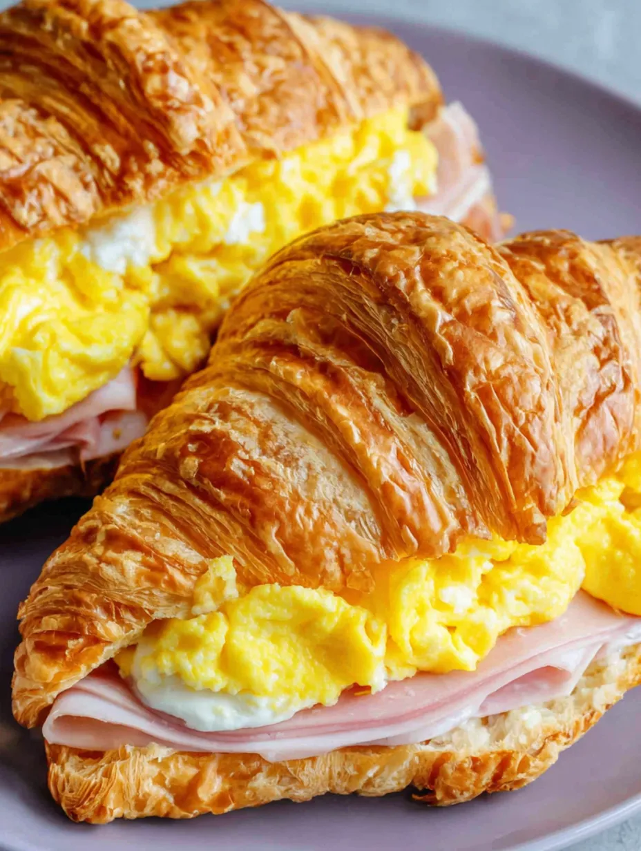 A croissant sandwich with ham, egg, and cheese.