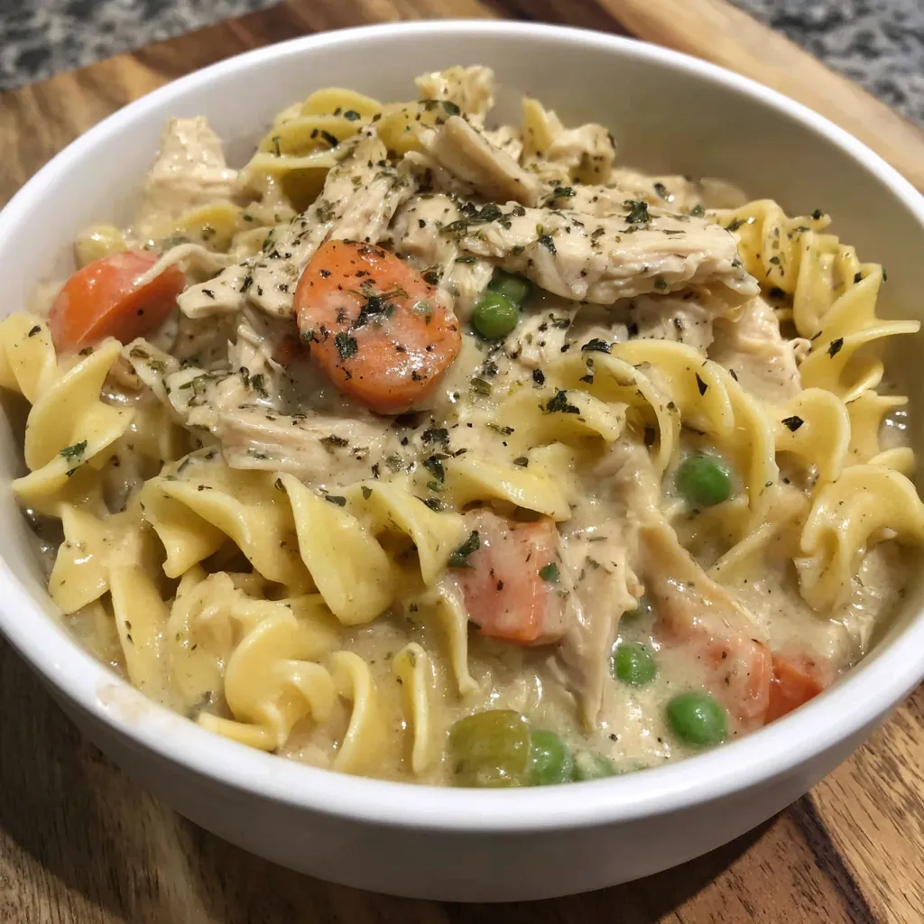 A bowl of pasta with chicken and peas.