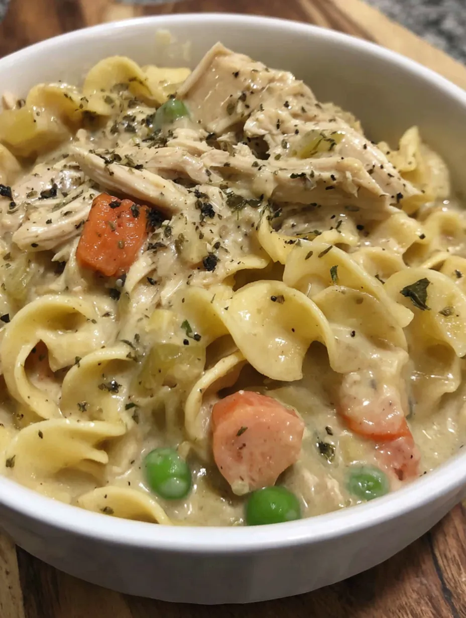 A bowl of pasta with chicken and vegetables.