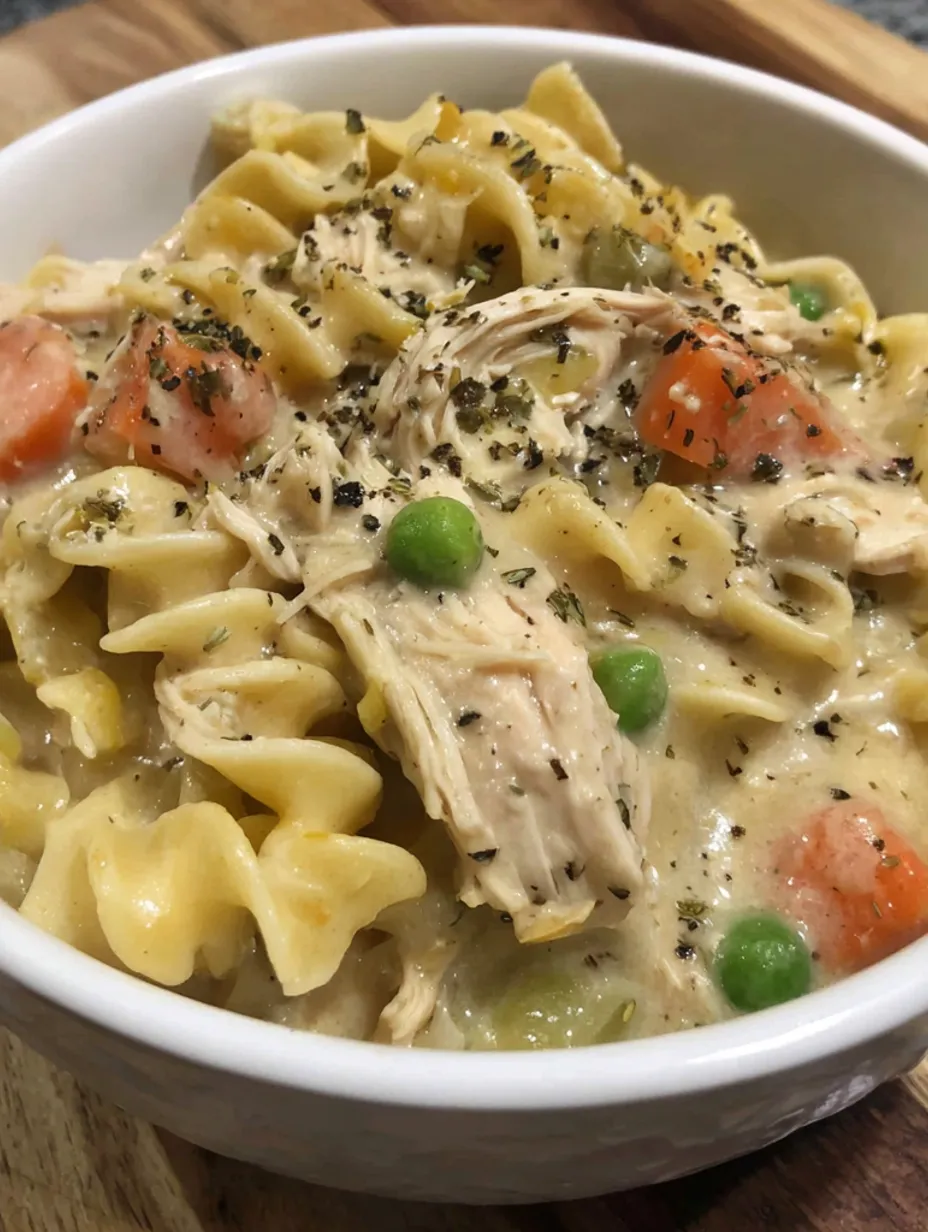 A bowl of pasta with chicken and peas.