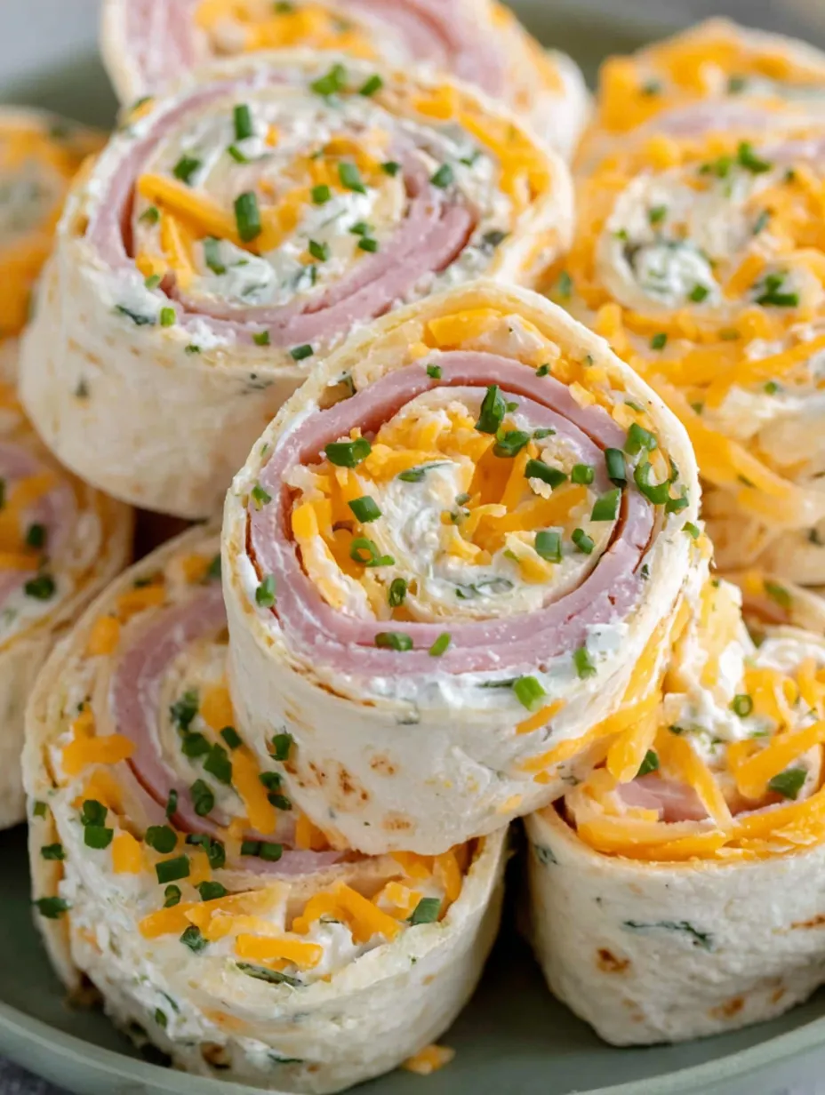 A plate of ham and cheese tortilla rollups.