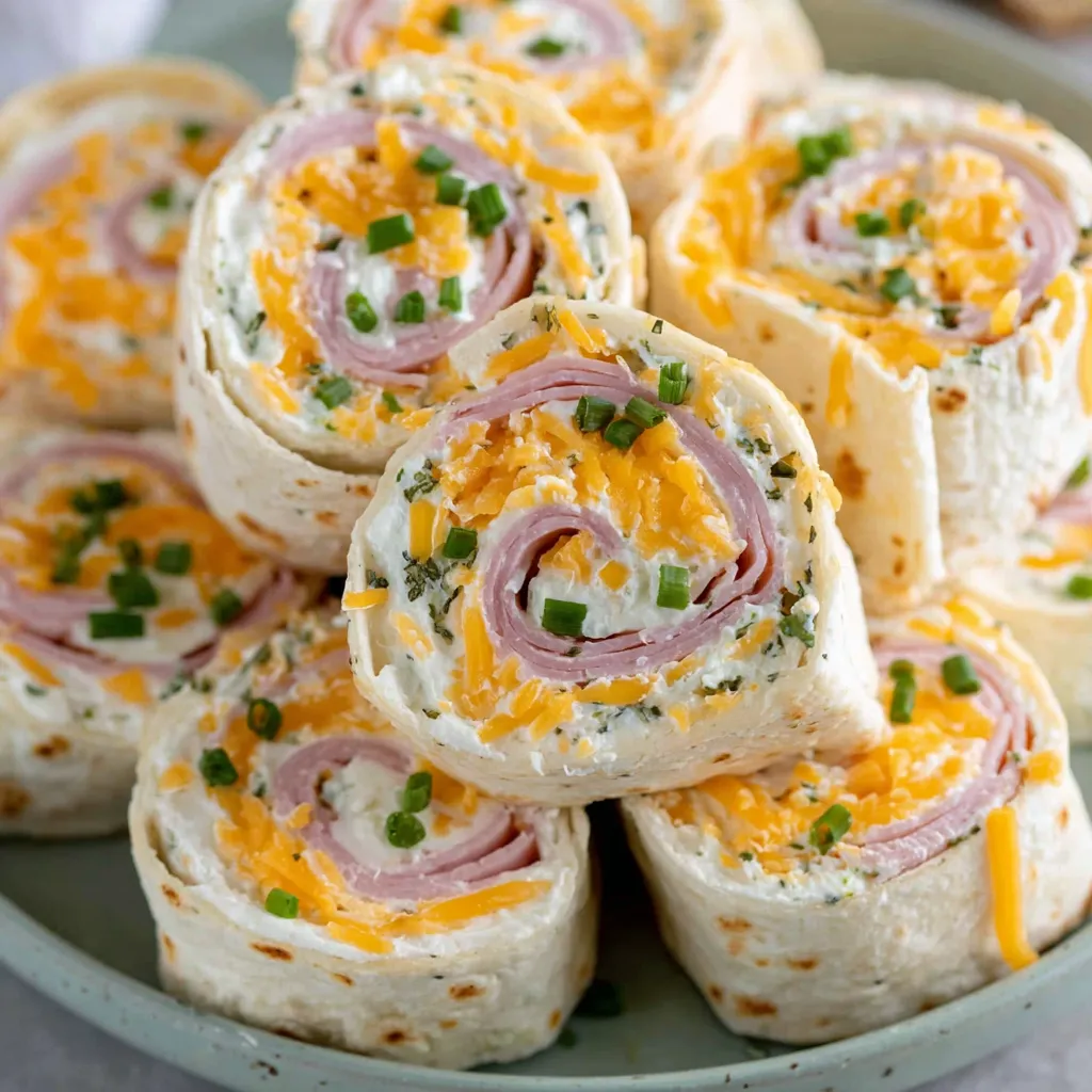 A plate of ham and cheese tortilla rollups.