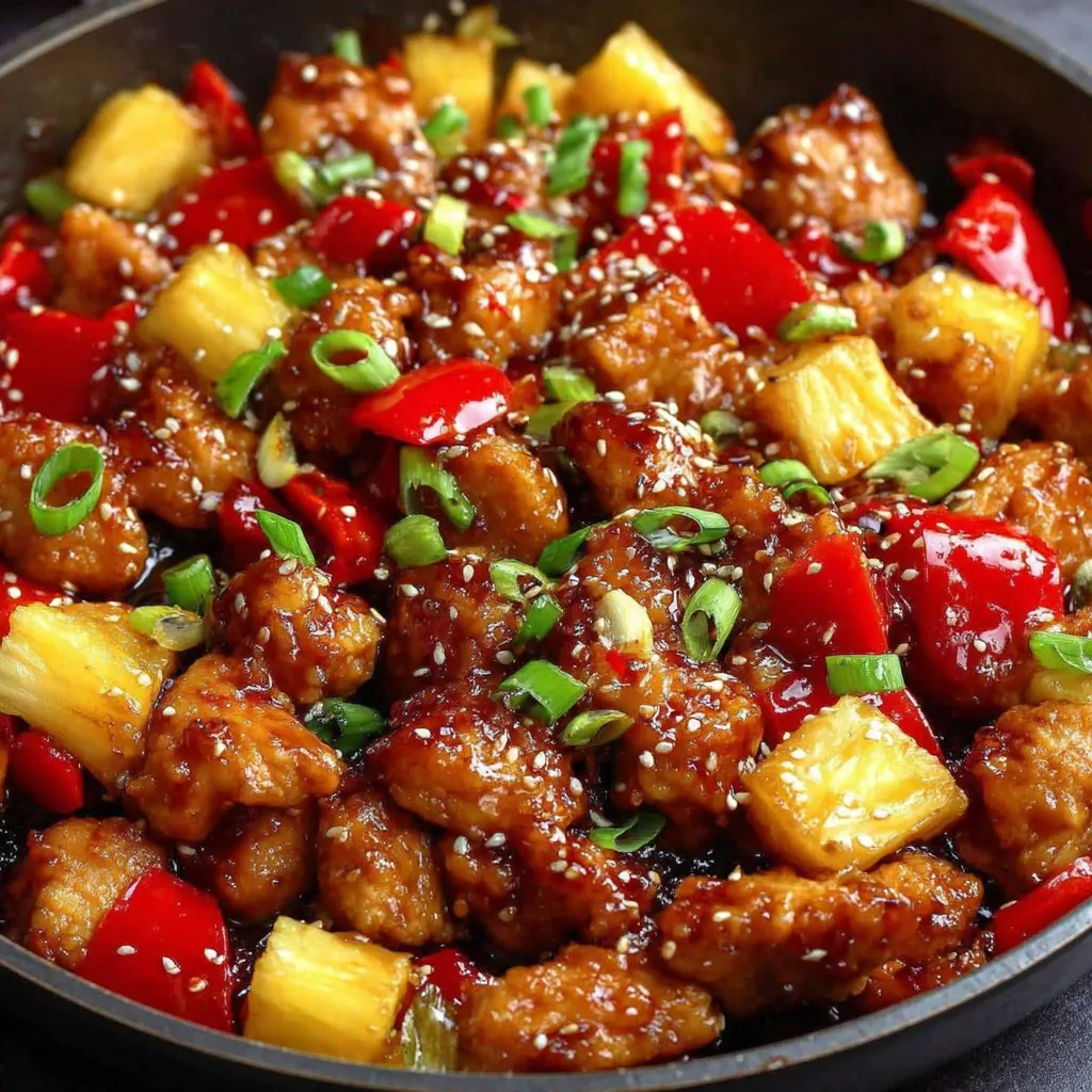 A stir-fry with chicken, pineapple, and peppers.