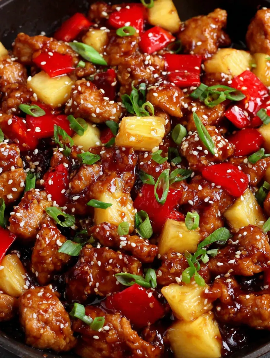 A stir-fry with chicken, pineapple, and peppers.