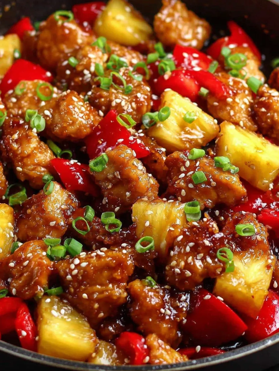 A stir fry with chicken, pineapple, and red peppers.