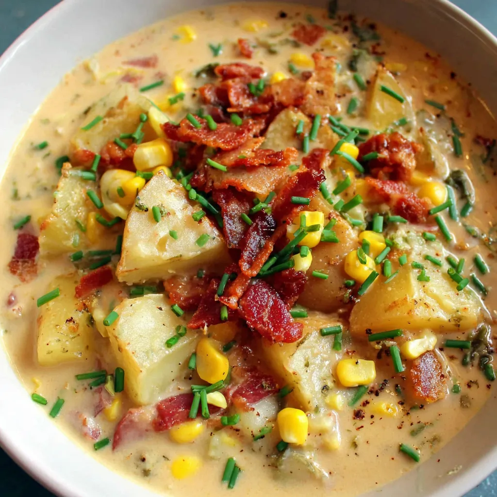A bowl of creamy corn chowder with bacon.