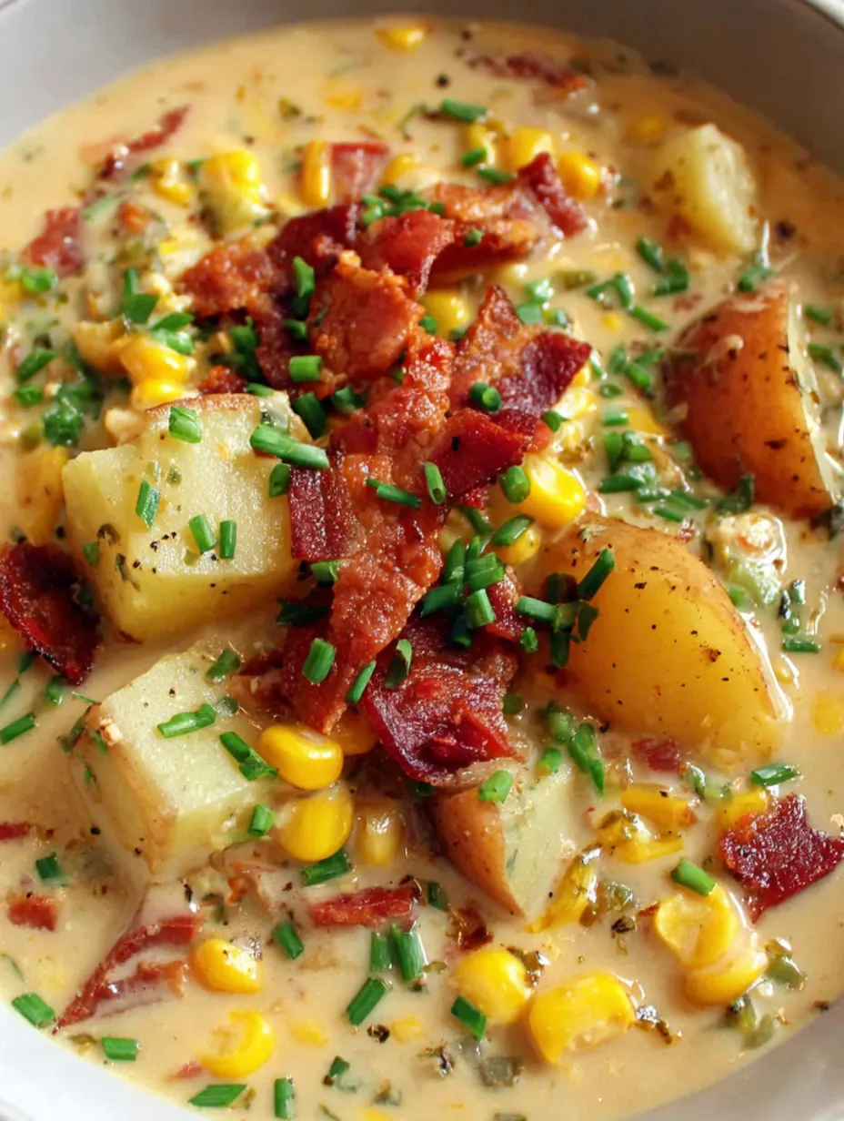 A bowl of creamy corn chowder with bacon.
