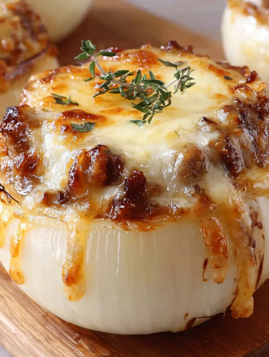 A close up of a French onion stuffed with cheese.