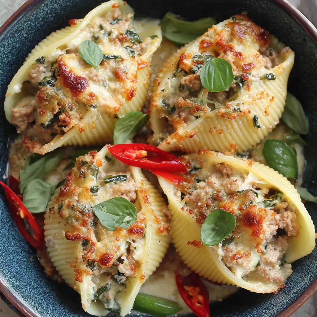 A bowl of chili basil turkey stuffed shells.