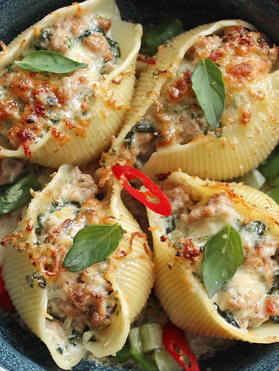 A plate of chili basil turkey stuffed shells.
