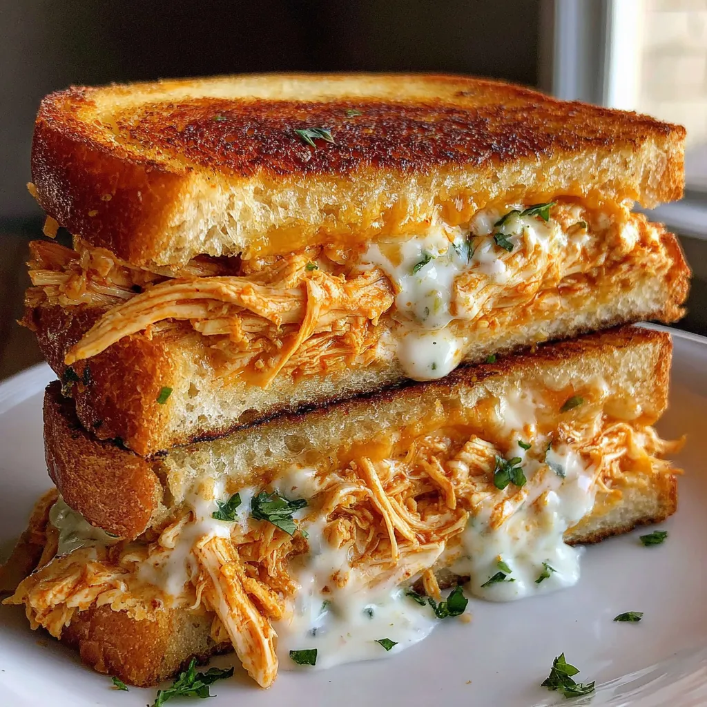 A grilled cheese sandwich with buffalo chicken and ranch dressing.
