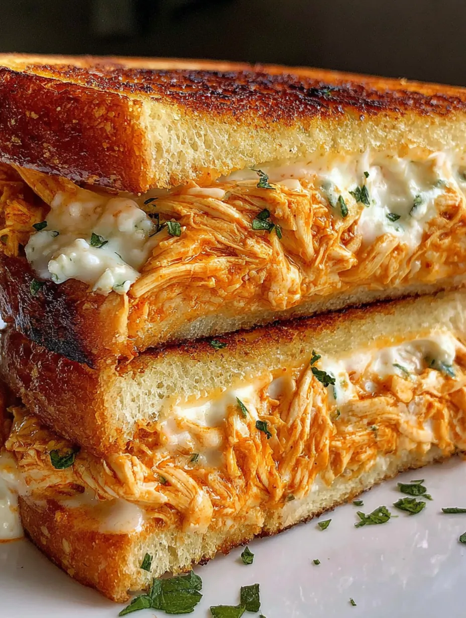 A grilled cheese sandwich with buffalo chicken and ranch dressing.