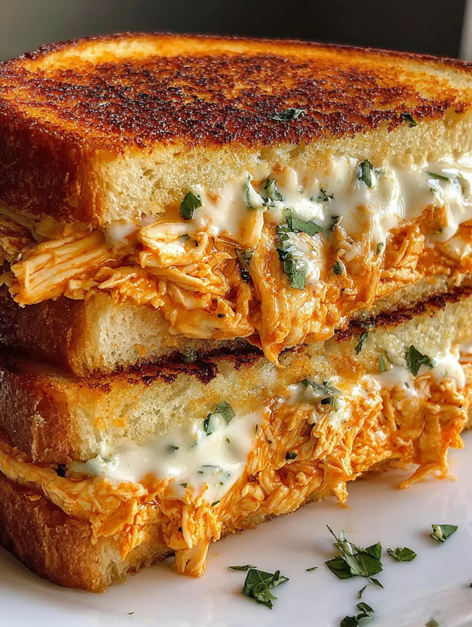 A grilled cheese sandwich with buffalo chicken and ranch dressing.