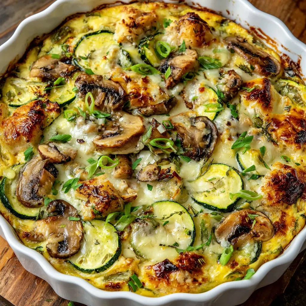 A baked dish with chicken, zucchini, and mushrooms.