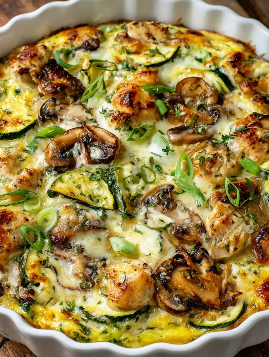 A delicious chicken zucchini mushroom bake.
