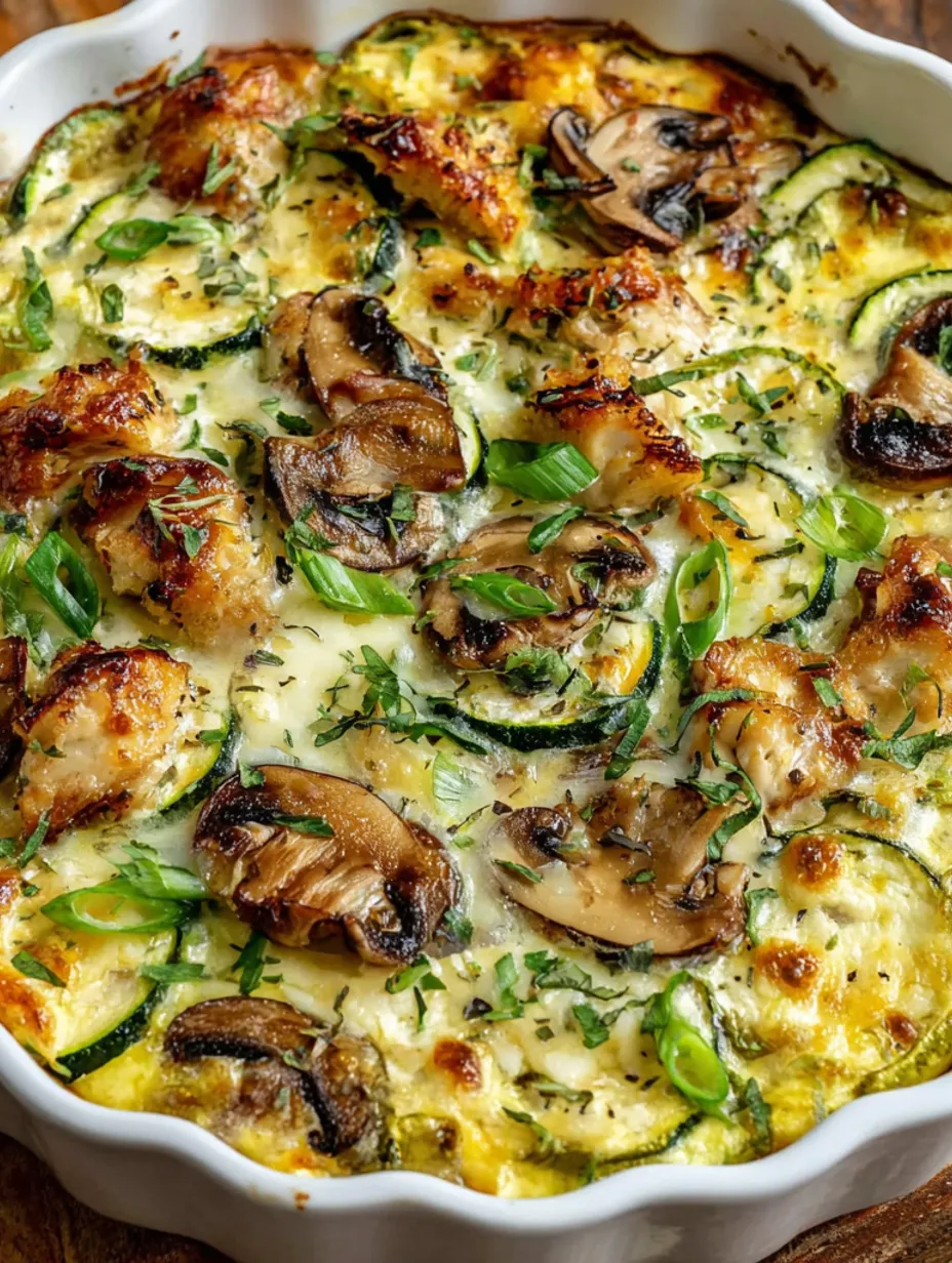 A dish with chicken, zucchini, and mushrooms.
