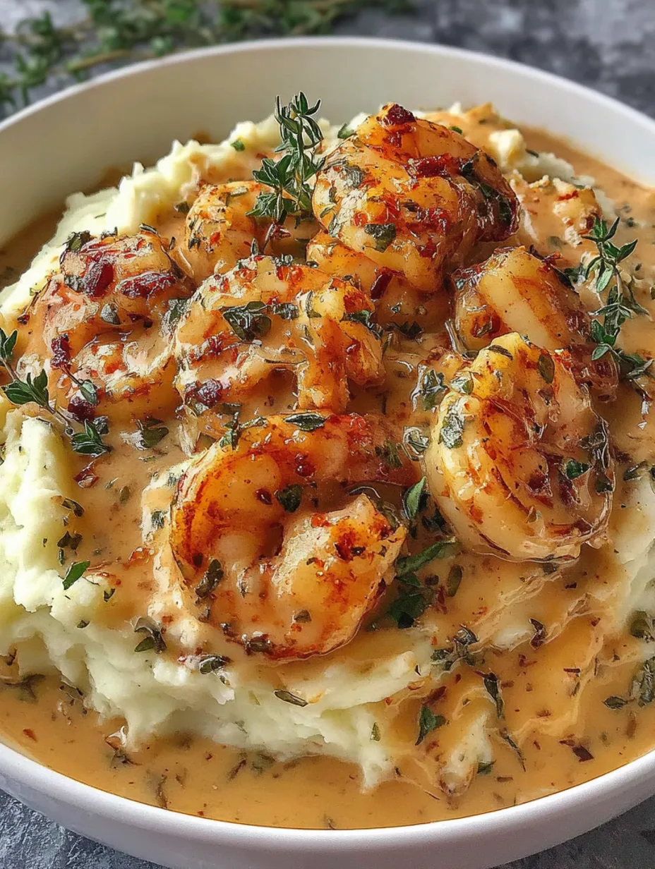 A bowl of creamy garlic shrimp potatoes.