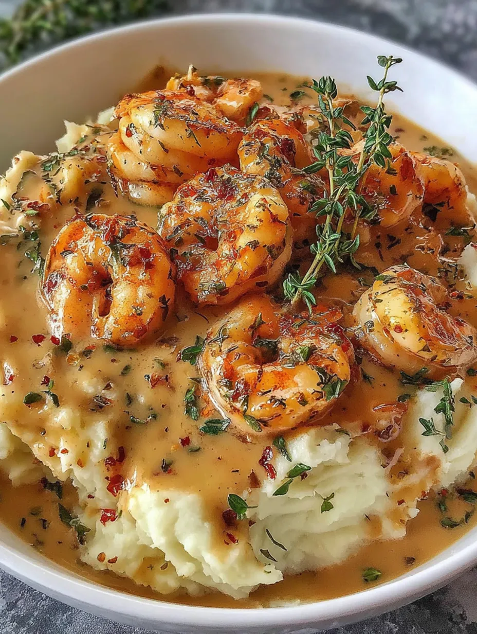 A bowl of creamy garlic shrimp potatoes.