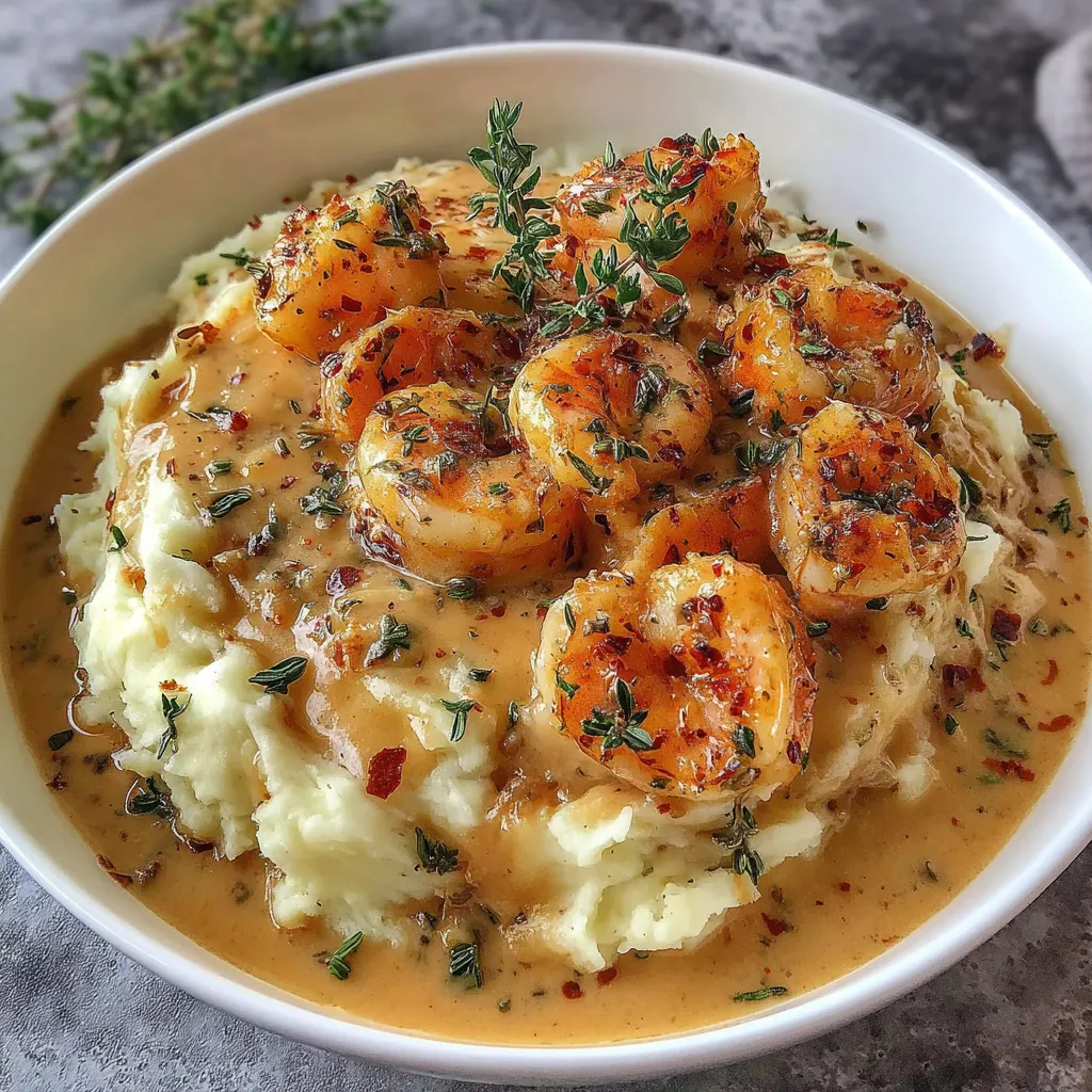 A bowl of creamy garlic shrimp potatoes.