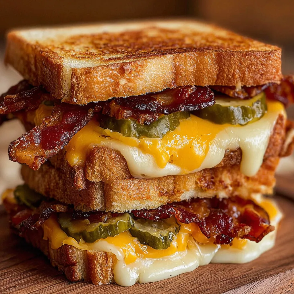 A grilled cheese sandwich with bacon and pickles.