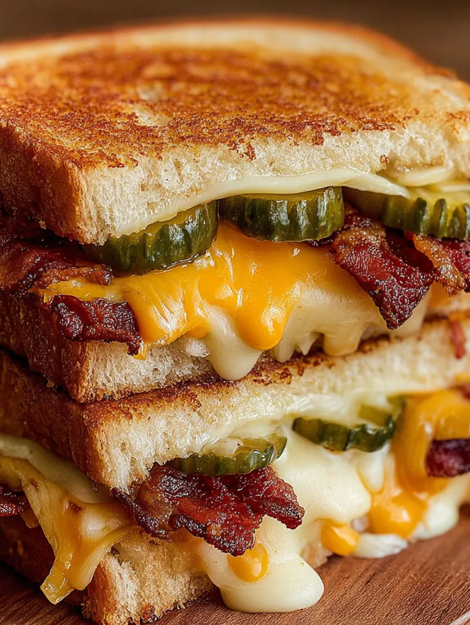 A grilled cheese sandwich with pickles and bacon.