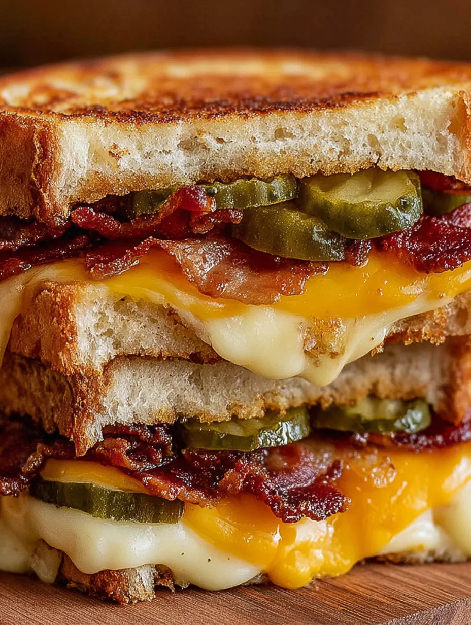 A sandwich with bacon, pickles, and cheese.
