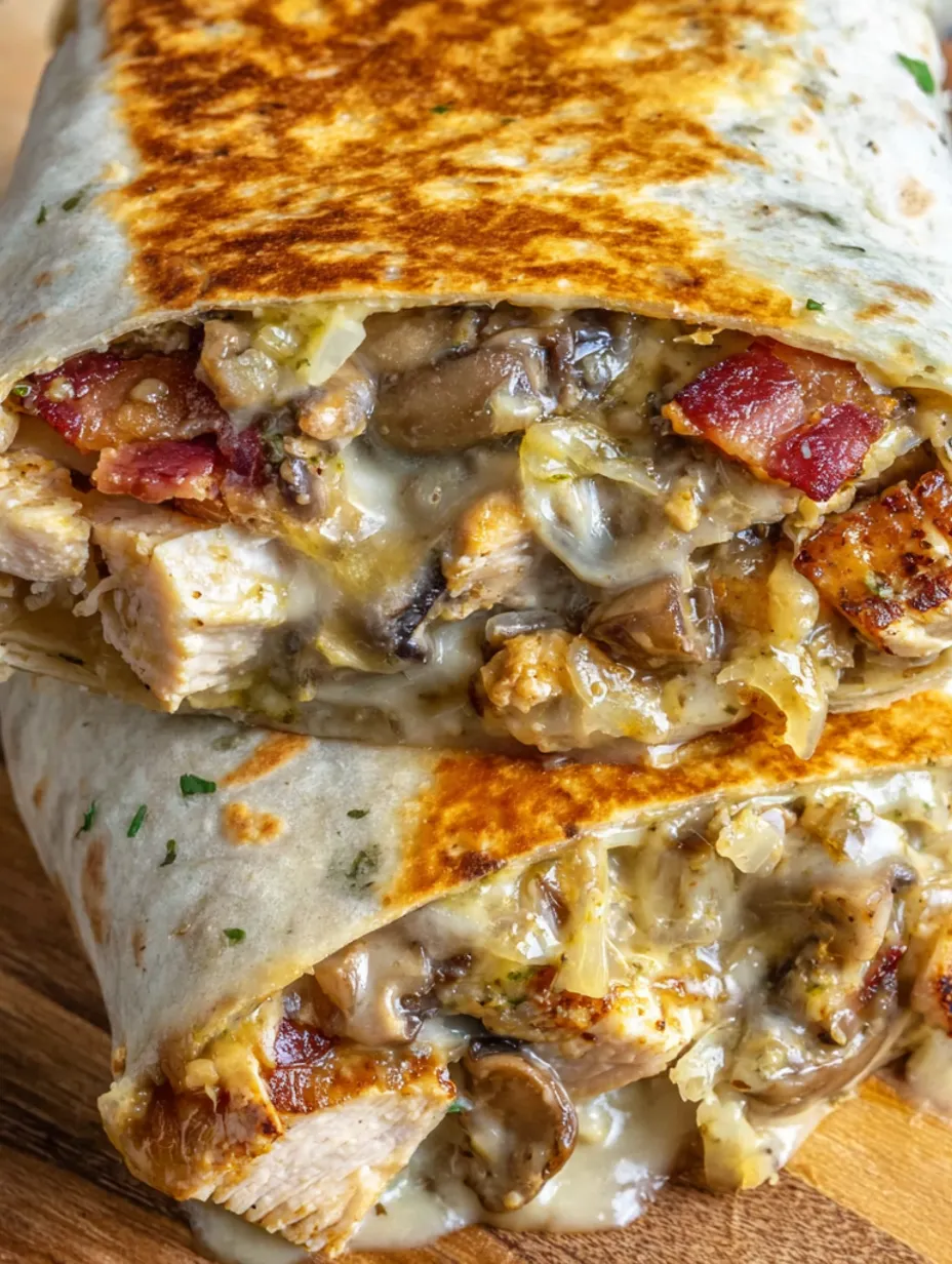 A sandwich with turkey, bacon, and mushrooms.