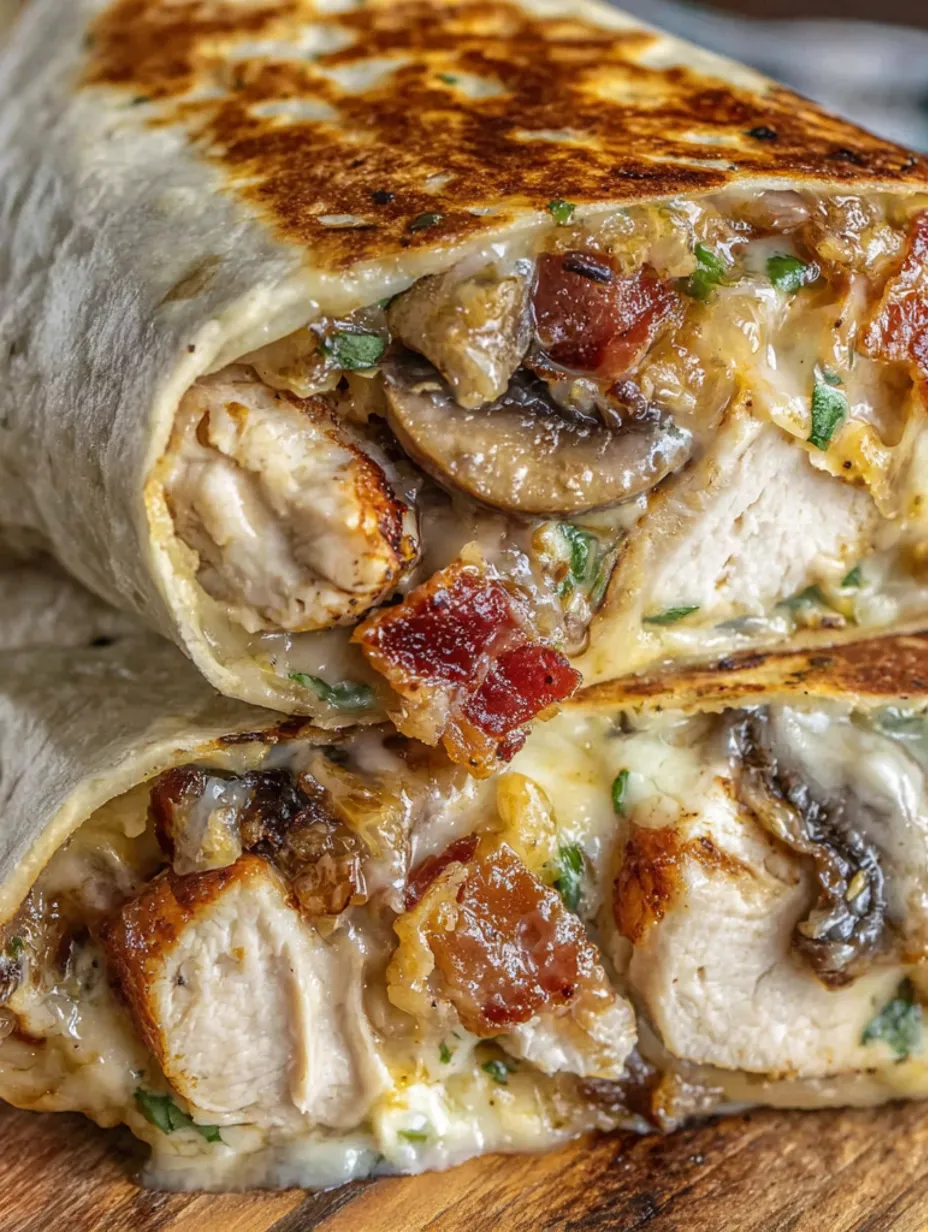 A sandwich with bacon and mushrooms.