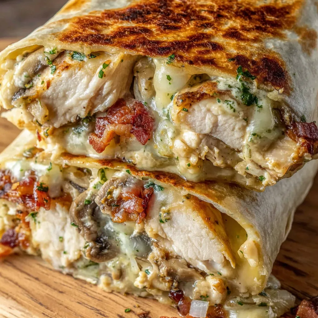 A burrito with bacon, mushrooms, and cheese.