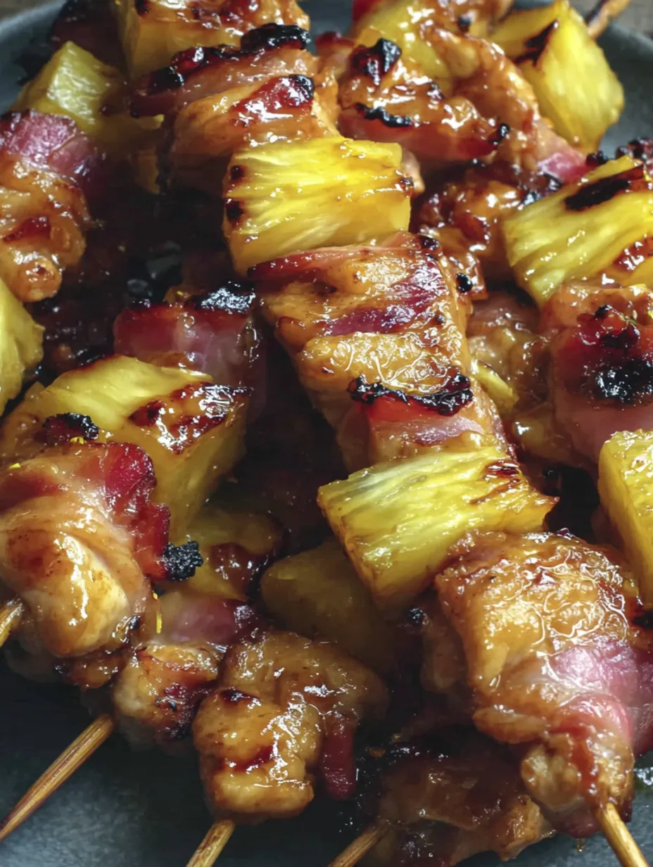 Bacon wrapped teriyaki chicken on a stick.