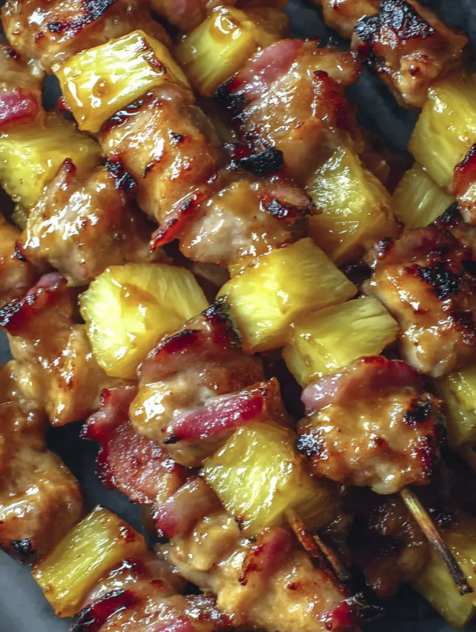 Bacon wrapped teriyaki chicken on a stick.