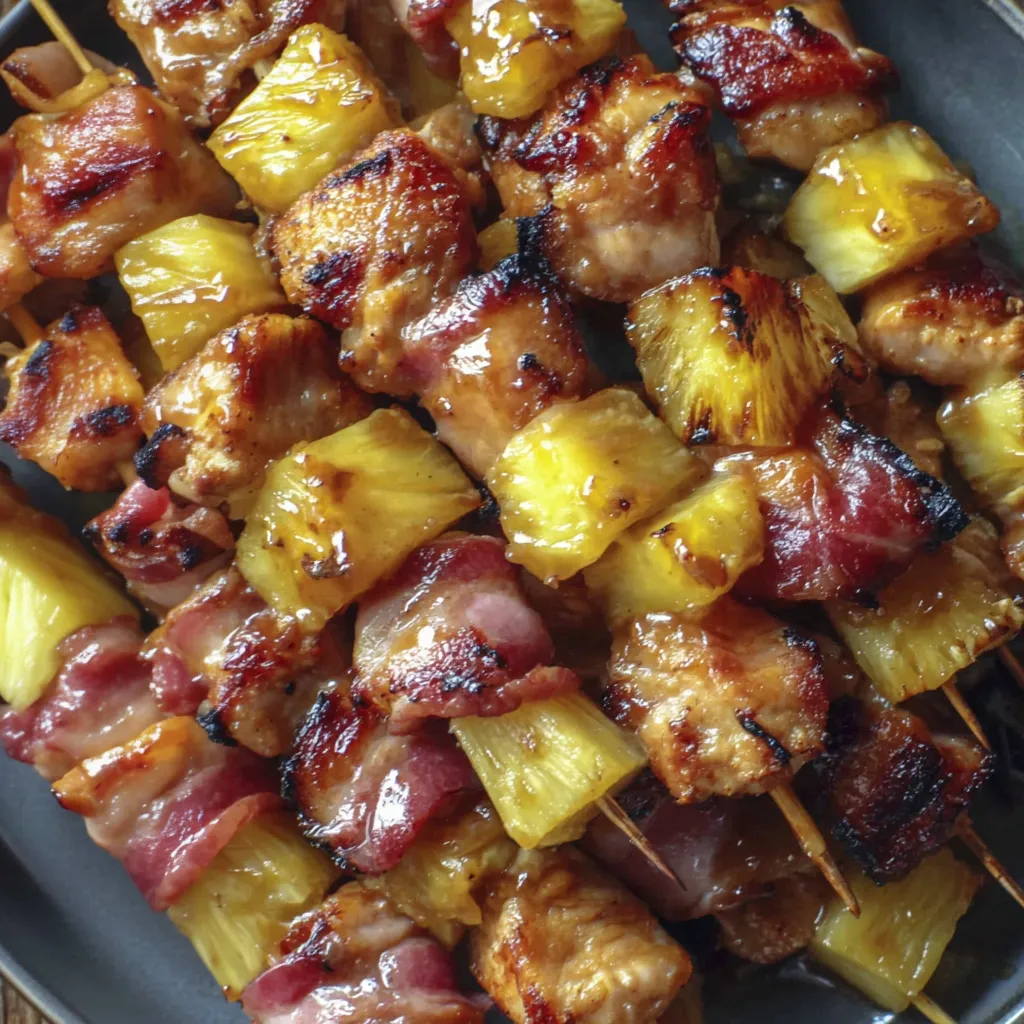Bacon wrapped teriyaki chicken on a plate.