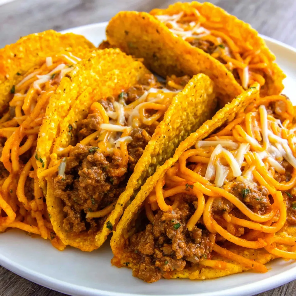 A plate of spaghetti tacos with beef.